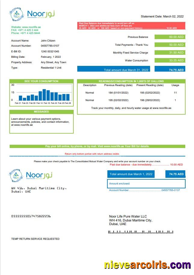 UAE Noor Life Pure Water LLC utility bill